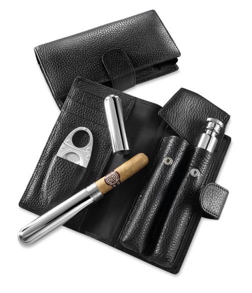Leather Luxury Cigar and Flask Holder Set Black